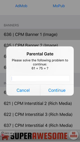 AwesomeAds Parental Gate in iOS